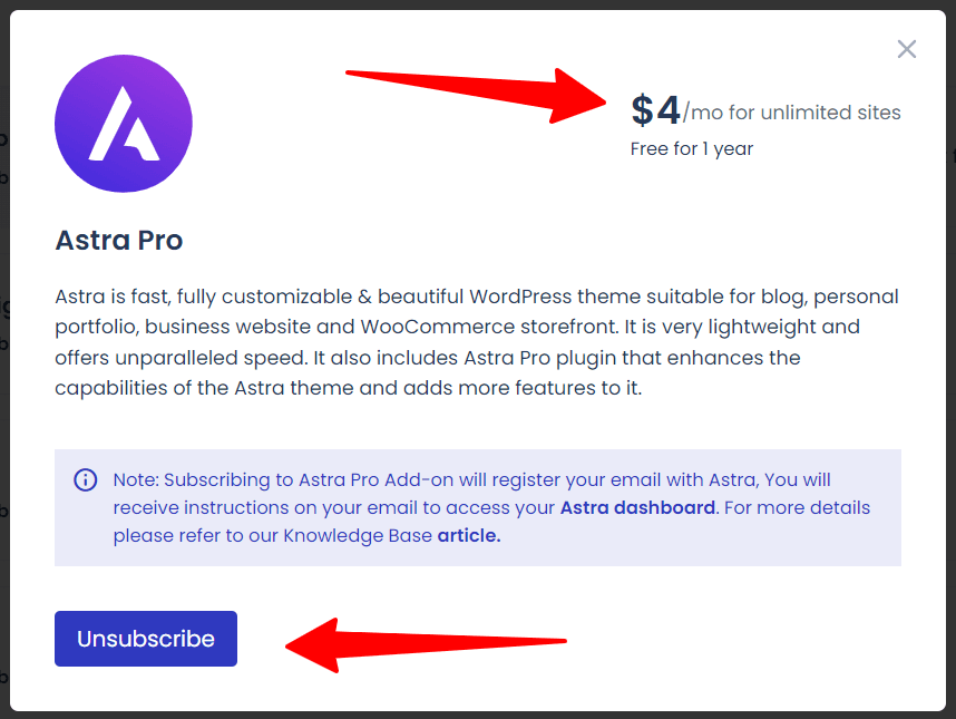 cloudways astra pro addon management interface Cloudways popup interface for managing Astra Pro showing the four dollar monthly rate for unlimited sites and an unsubscribe button.