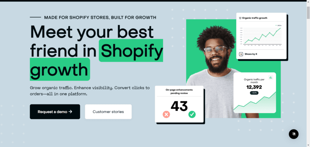 ConvertMate homepage for Shopify growth with organic traffic statistics and request a demo button.
