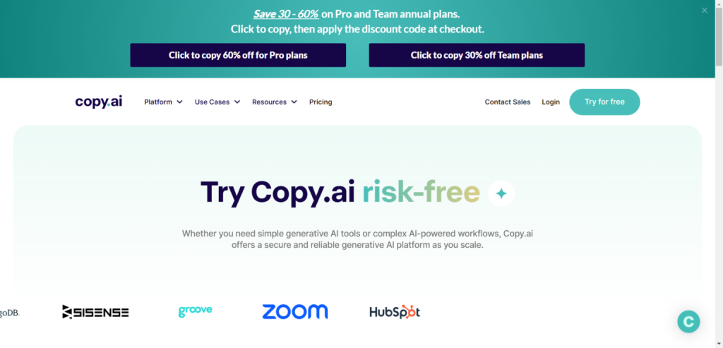 copy ai subscription plans pricing - CyberNaira Copy.ai pricing page showing Free, Pro, and Team plans with annual and monthly billing options with 60% and 30% discount s.