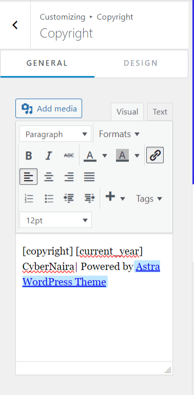 WordPress Customizer Copyright section showing a text editor with shortcodes and a "Powered by Astra WordPress Theme" link.