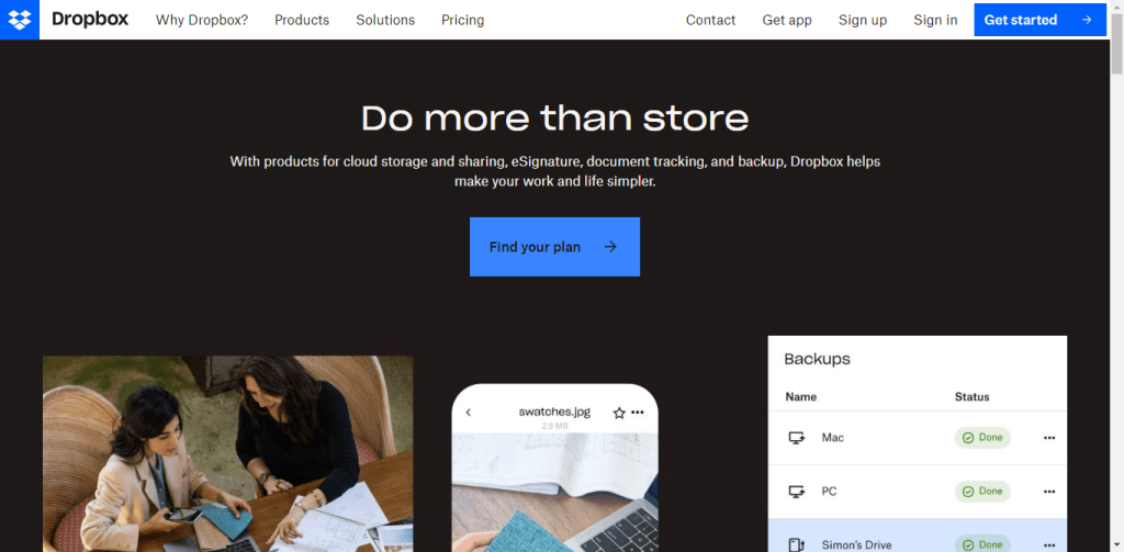 Dropbox landing page showing "Do more than store" headline and a backup status dashboard for Mac and PC.