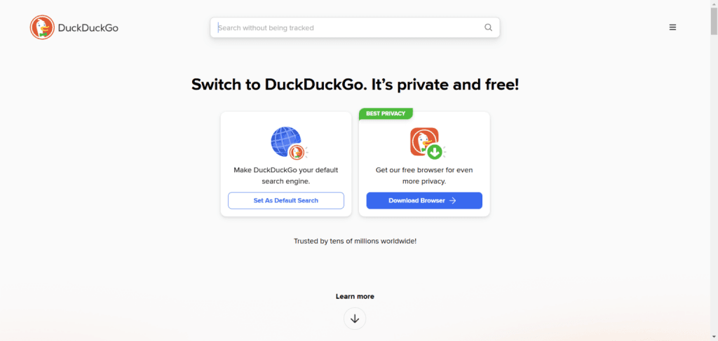 DuckDuckGo private search engine homepage with a central search bar and prompts to set it as the default search engine or download the private browser.