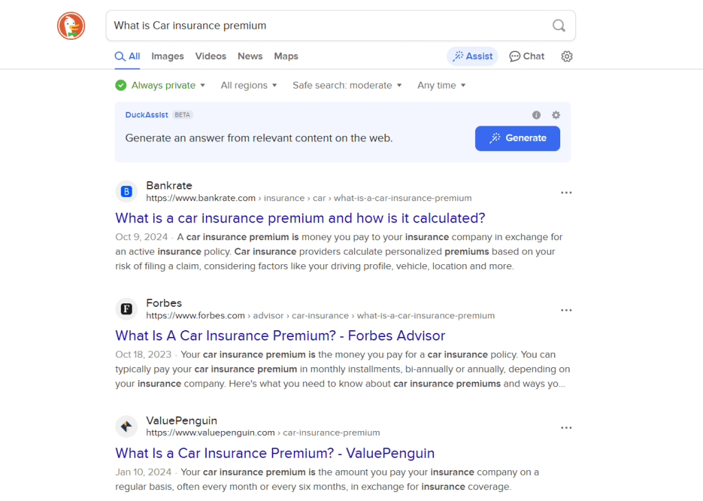 DuckDuckGo search results for "What is Car insurance premium" highlighting the DuckAssist beta feature for generating AI answers from web content.