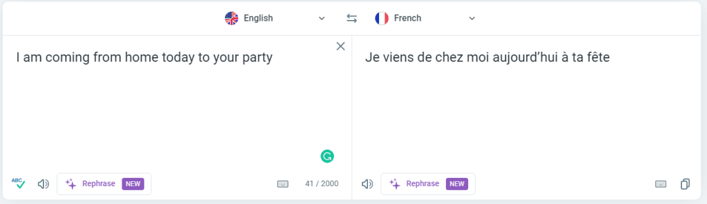 Reverso language translation interface showing an English to French conversion with rephrase buttons.