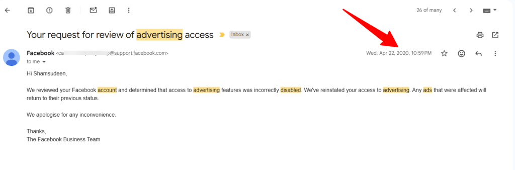Email from Facebook Business Team confirming that advertising access was incorrectly disabled and has been reinstated.