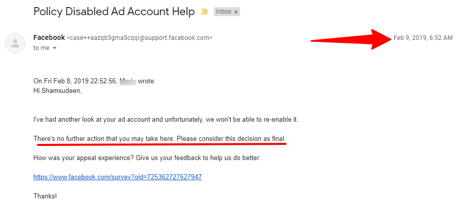 Email reply from Facebook support stating that after another look at the ad account, it will not be re-enabled and the decision is final.