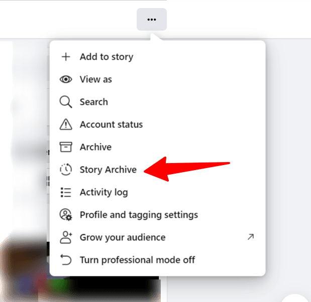 Facebook profile options menu showing where to find Story Archive, highlighted with a red arrow