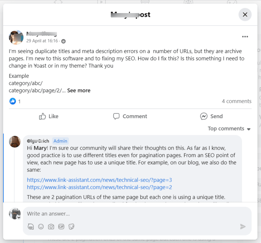 SEO PowerSuite Facebook user group discussion on fixing duplicate meta descriptions for archive pages.