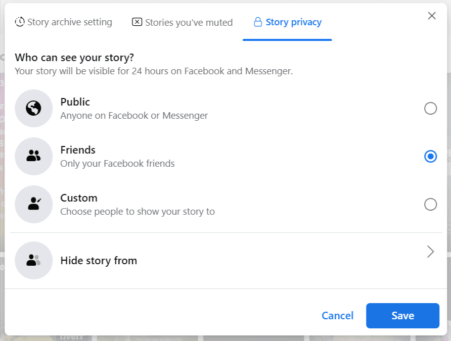 Facebook Story privacy settings screen showing options to choose who can see your story, including Public, Friends, Custom, and Hide story from