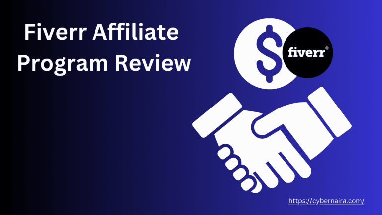 Graphic with "Fiverr Affiliate Program Review" text featuring a handshake and dollar sign icon on a blue gradient background.