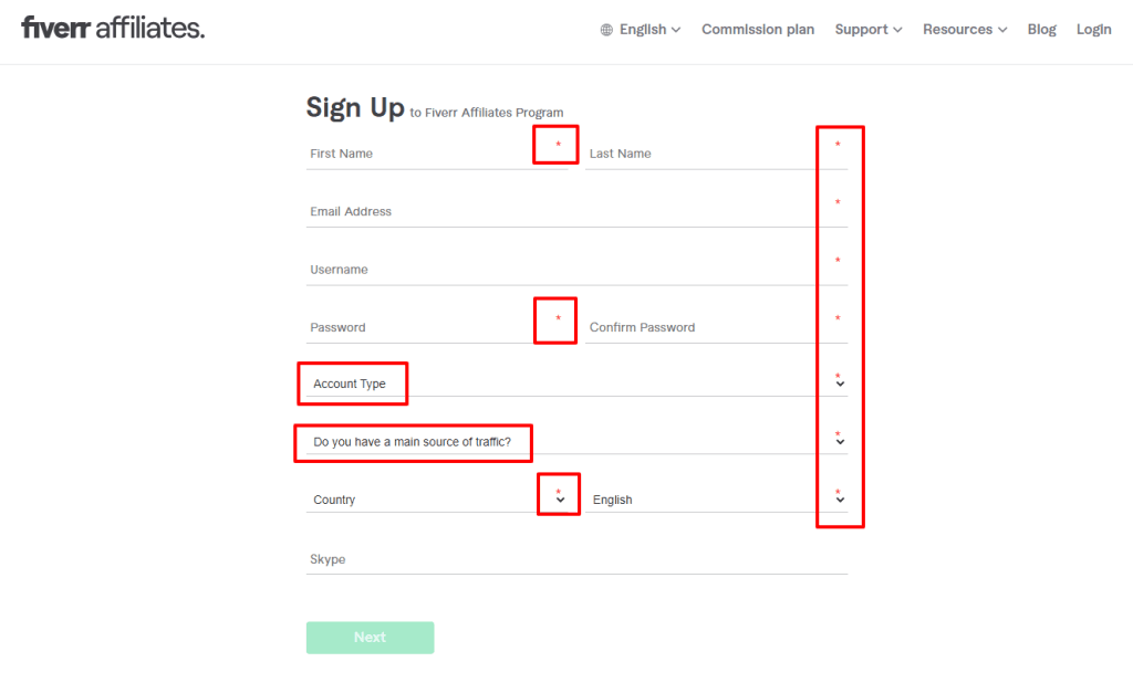 Fiverr Affiliates registration form with required fields for name, email, account type, and traffic source.