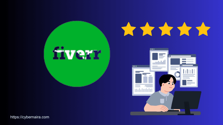 Fiverr logo with five gold stars and an illustration of a person working at a computer with data windows.