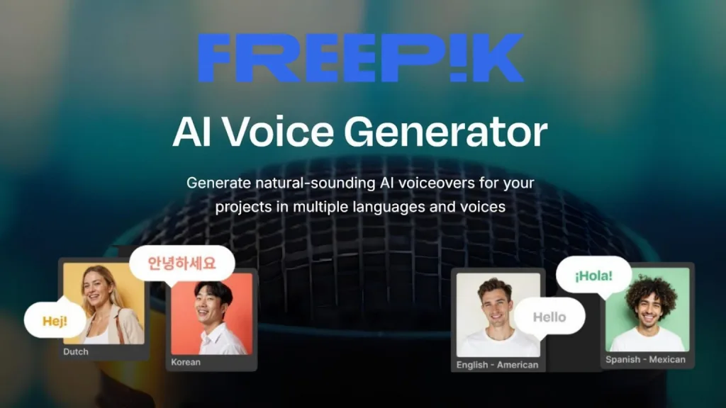 Freepik AI Voice Generator landing page with a microphone and multilingual speech bubbles representing Dutch, Korean, American English, and Mexican Spanish voices.