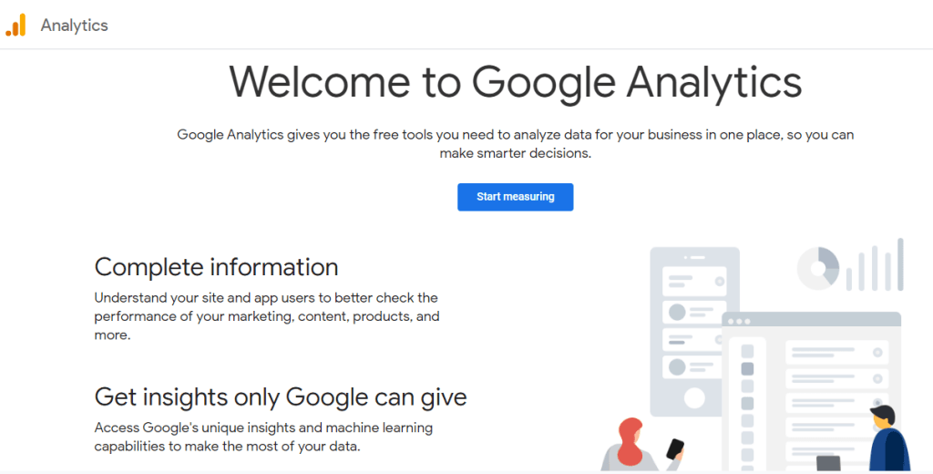 Google Analytics welcome page with "Complete information" and "Get insights only Google can give" sections featuring data analysis graphics.