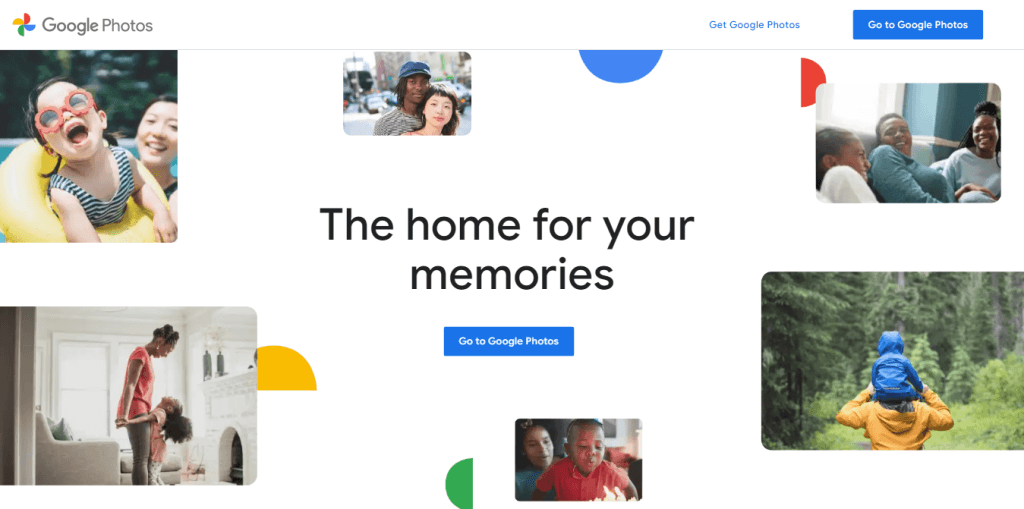 Google Photos landing page showing "The home for your memories" headline and a collage of people snapshots.