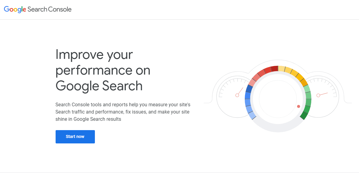 Google Search Console homepage with "Improve your performance on Google Search" headline and a colorful speed gauge graphic.