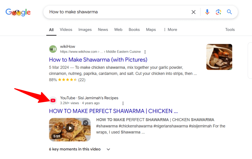Google search results for "How to make shawarma" featuring a wikiHow article with a recipe rating and a YouTube video from Sisi Jemimah's Recipes with key moments highlighted.