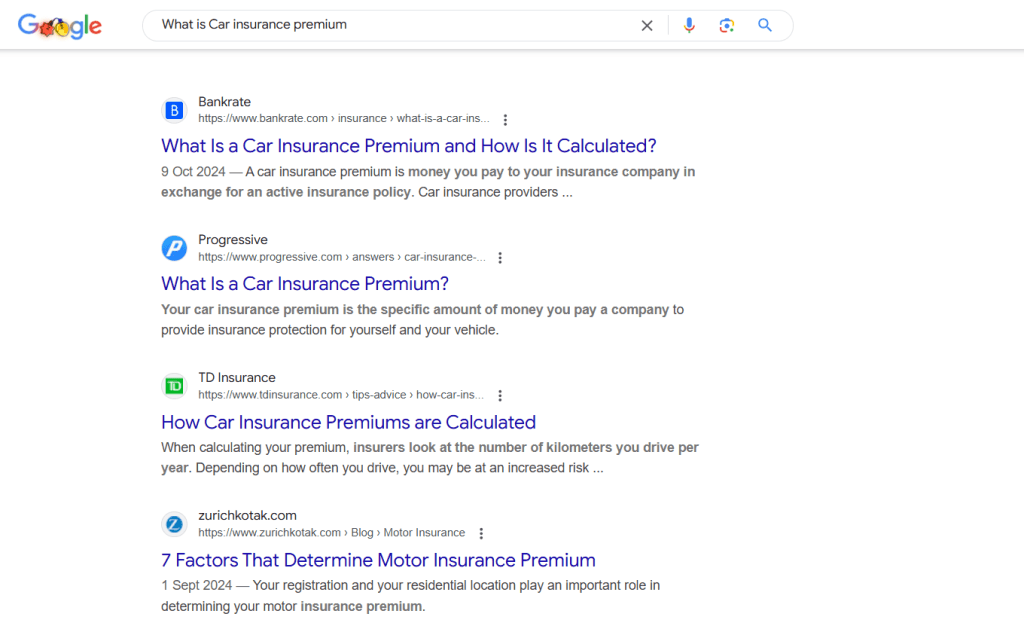 Google search results page for the query "What is Car insurance premium" featuring links from Bankrate, Progressive, TD Insurance, and Zurich Kotak.