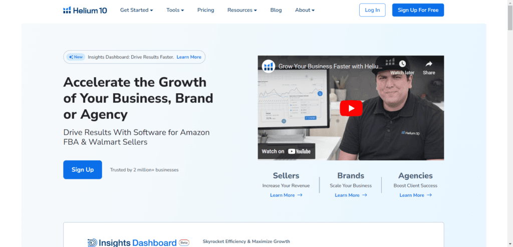 Helium 10 homepage for Amazon and Walmart sellers featuring business growth software and a video thumbnail.