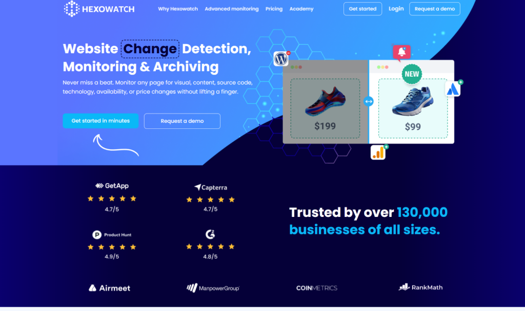 hexowatch website change detection monitoring home page - CyberNaira Hexowatch home page showing website change detection and monitoring tools with user ratings and brand trust logos.