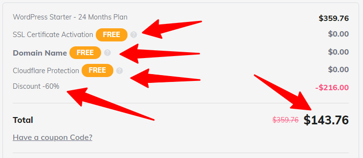 hostinger checkout cart free domain security features - CyberNaira Hostinger checkout summary showing free SSL activation, domain name, and Cloudflare protection with a sixty percent discount.