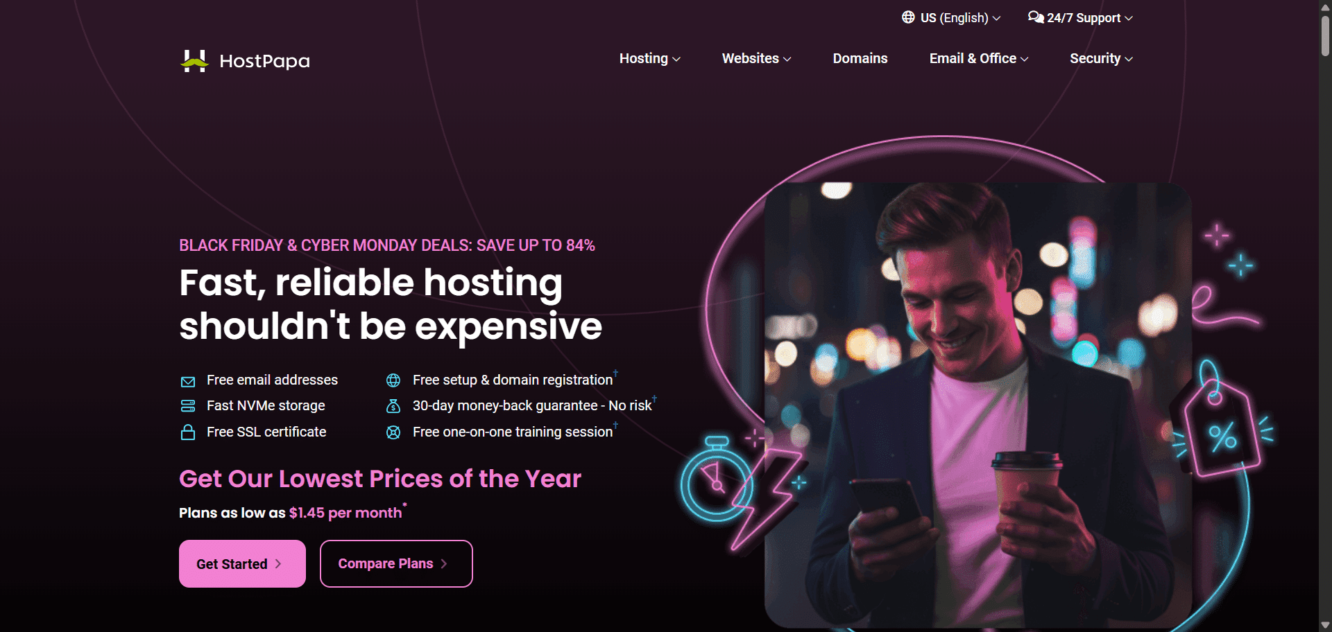 hostpapa black friday shared hosting deal HostPapa landing page showing a 89% off Black Friday deal with shared hosting starting at 88 cents per month and an order button.