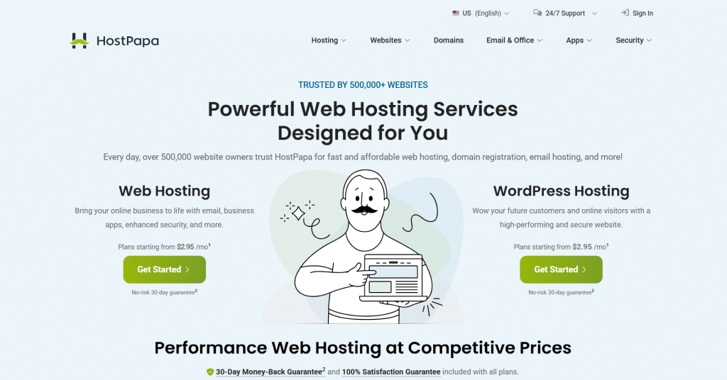 hostpapa hosting services homepage overview - CyberNaira HostPapa homepage showcasing powerful web hosting and WordPress hosting services starting from two dollars and ninety-five cents.