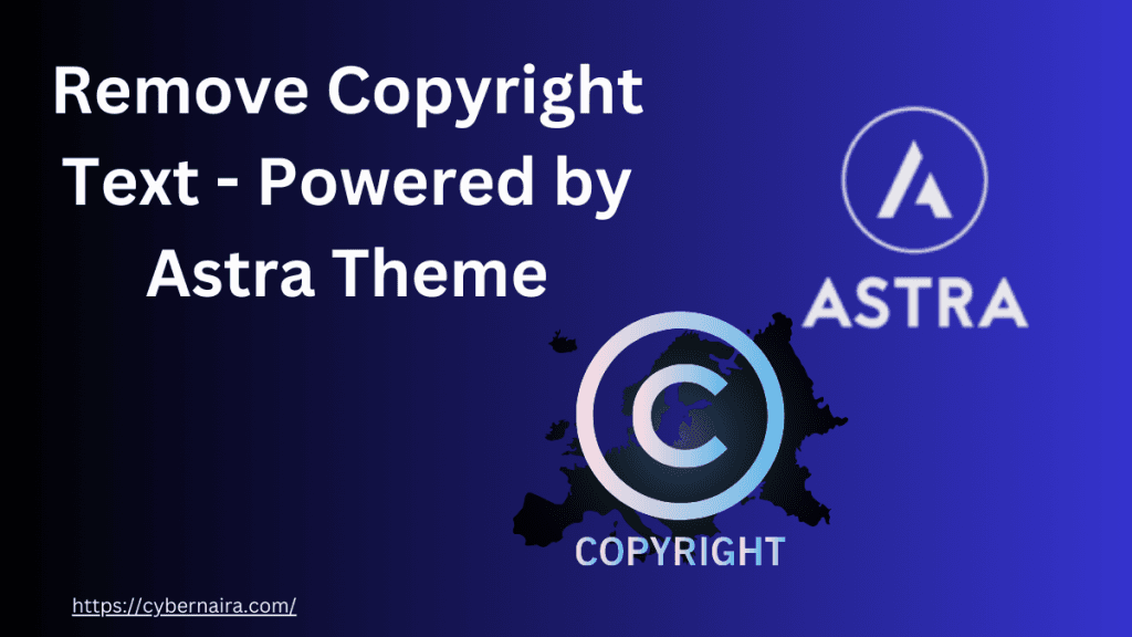 Tutorial graphic for removing Astra theme copyright text with theme logo and copyright icon.