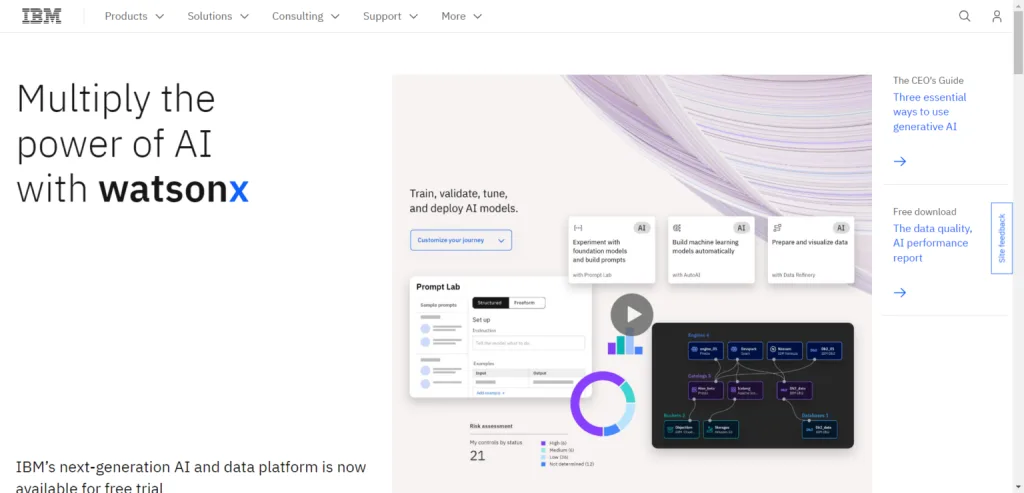 IBM watsonx AI and data platform landing page featuring the "Multiply the power of AI" headline, a Prompt Lab demonstration, and various AI model training cards.