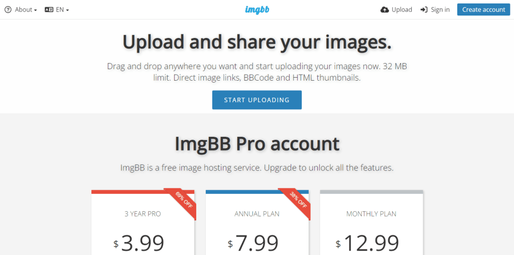 ImgBB landing page showing image upload button and Pro account pricing plans starting at $3.99.