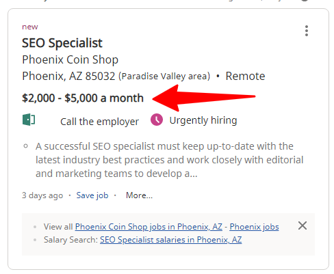 indeed seo specialist remote job listing monthly salary - CyberNaira Indeed job listing for a remote SEO Specialist at Phoenix Coin Shop offering a monthly salary between two thousand and five thousand dollars.