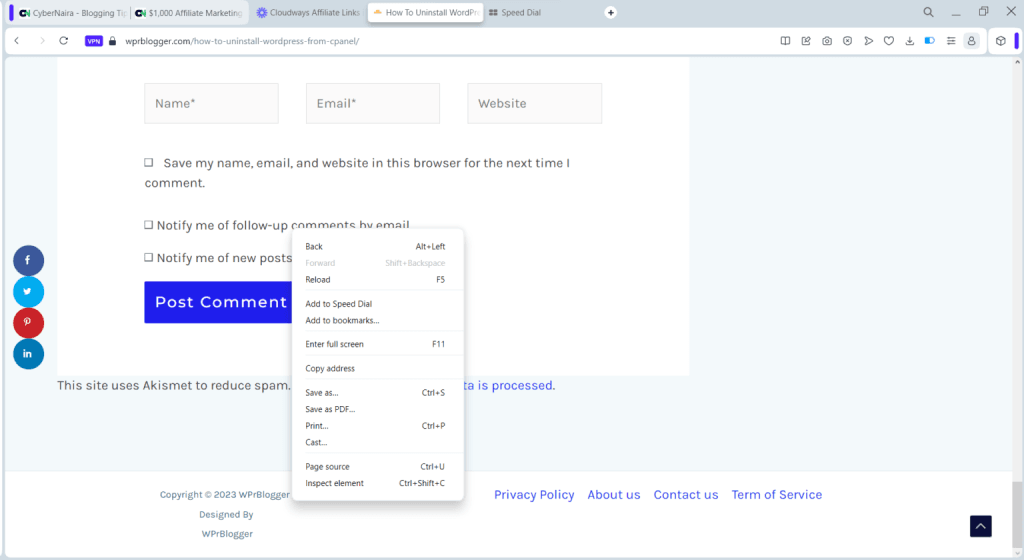 Web browser displaying a website footer and a right-click context menu with the Inspect element option selected.