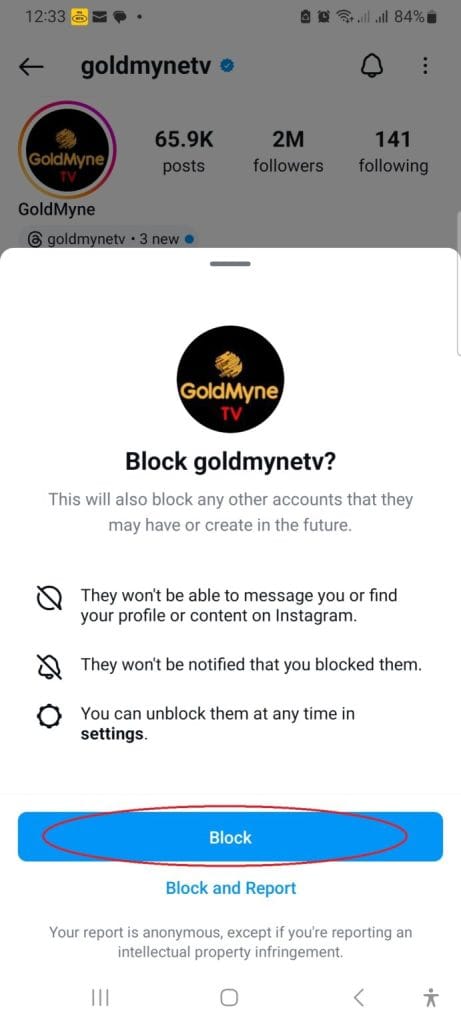 Instagram block confirmation screen showing the consequences of blocking an account.