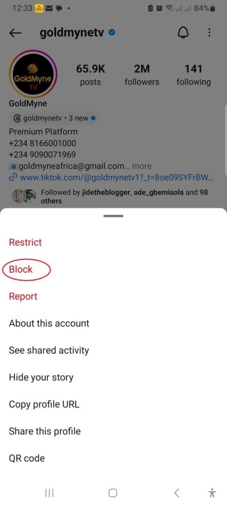 Instagram profile options menu with a red circle highlighting the block button.