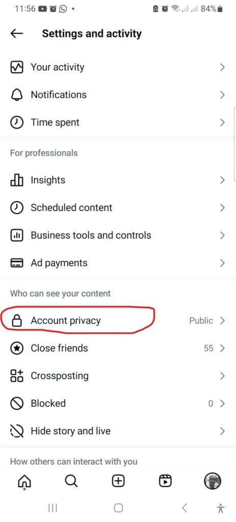 Instagram settings and activity screen with a red circle highlighting the account privacy option.