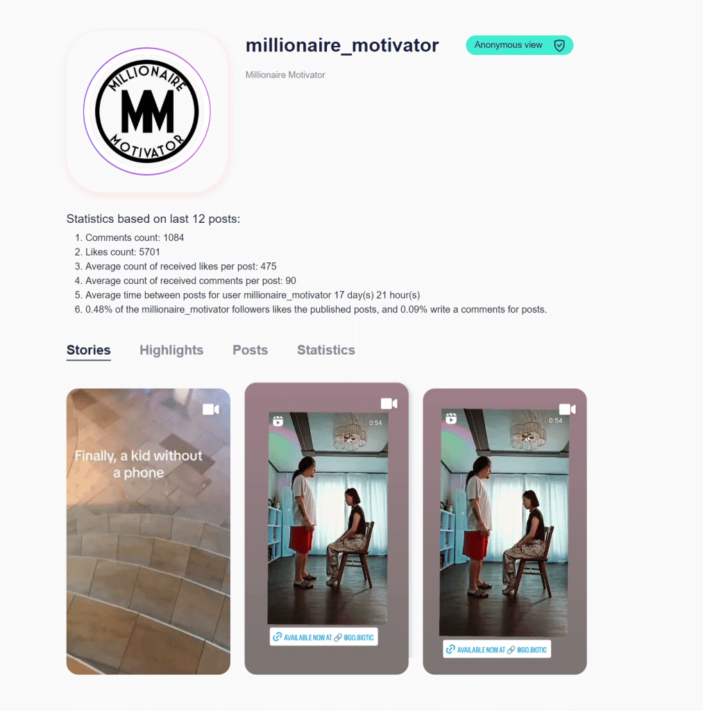 Instagram account statistics for "millionaire_motivator" showing engagement data like comment counts and post frequency alongside an anonymous story viewer interface.