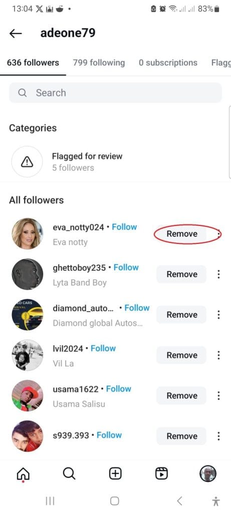 Instagram follower list showing profile pictures and usernames with a red circle highlighting the remove button.