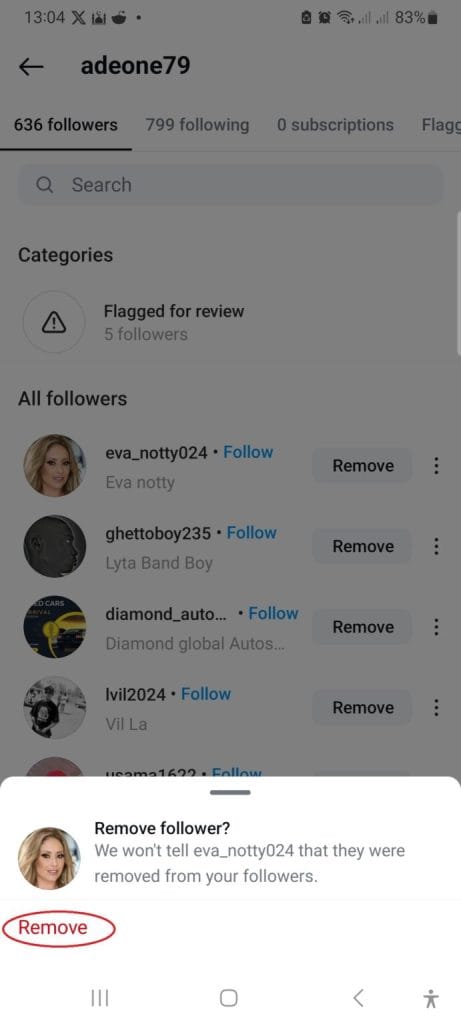 Instagram follower removal confirmation prompt for a specific user profile.