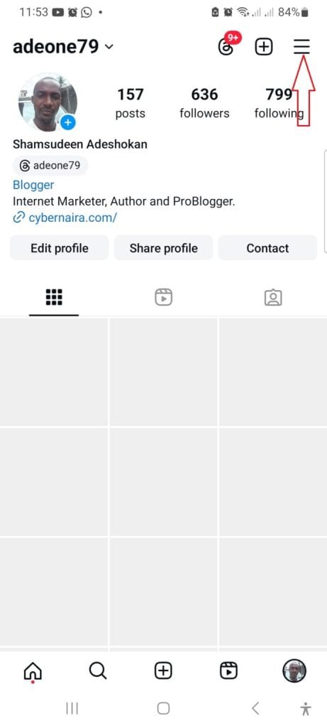 Instagram profile page on mobile showing follower count and menu icon.