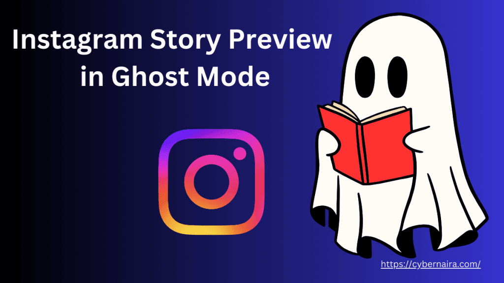 Informational graphic about viewing Instagram Stories anonymously featuring a ghost illustration reading a book.