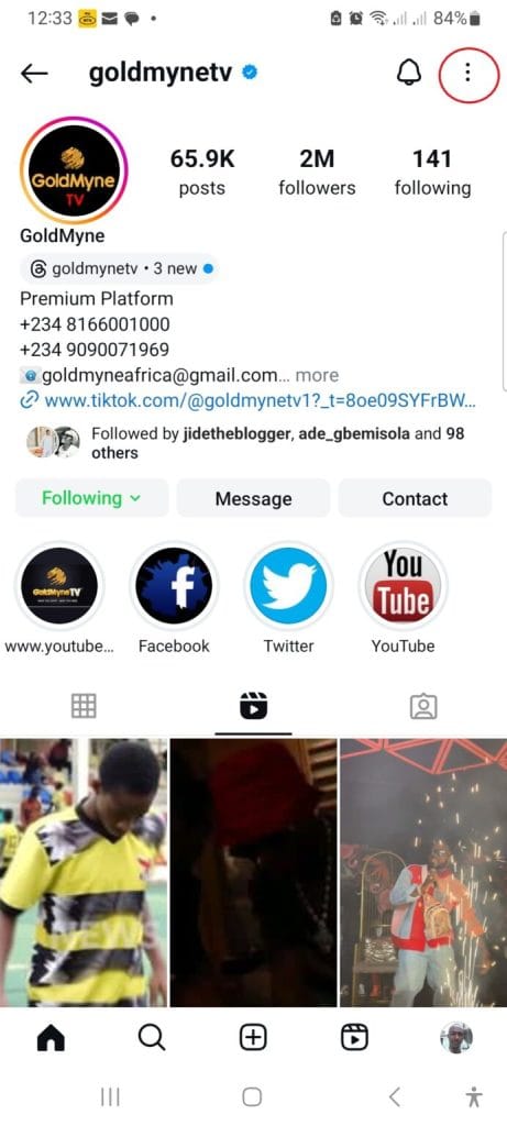 Instagram profile for GoldMyneTV with two million followers and a red circle highlighting the more options menu.