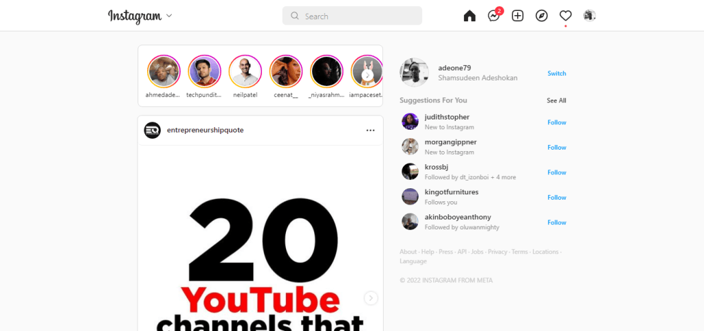 Instagram web interface showing stories, a main feed post, and user account suggestions.