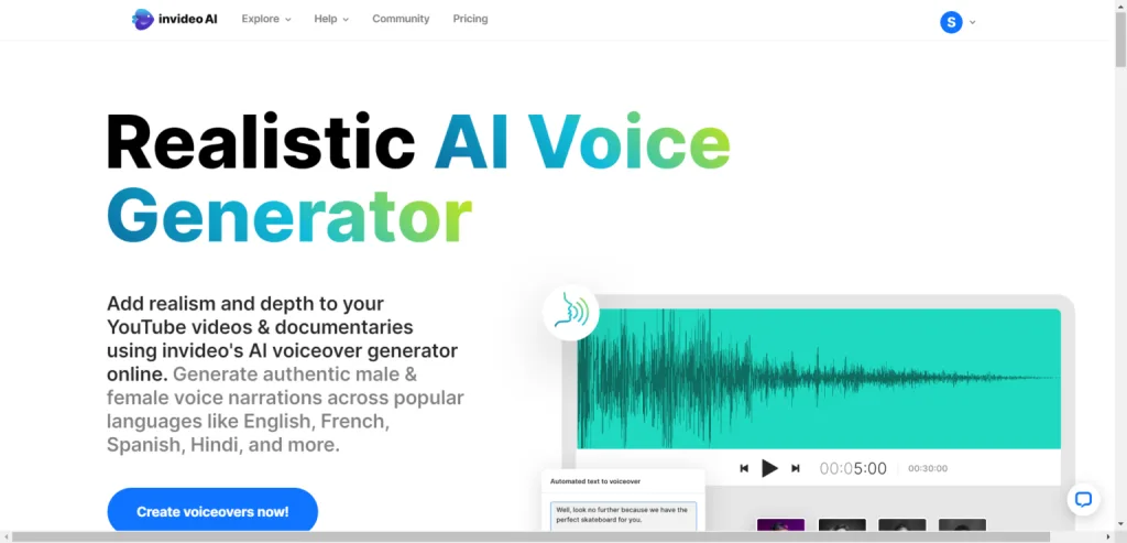 InVideo AI realistic voice generator page showing AI voiceover tool with audio waveform and text-to-speech preview.