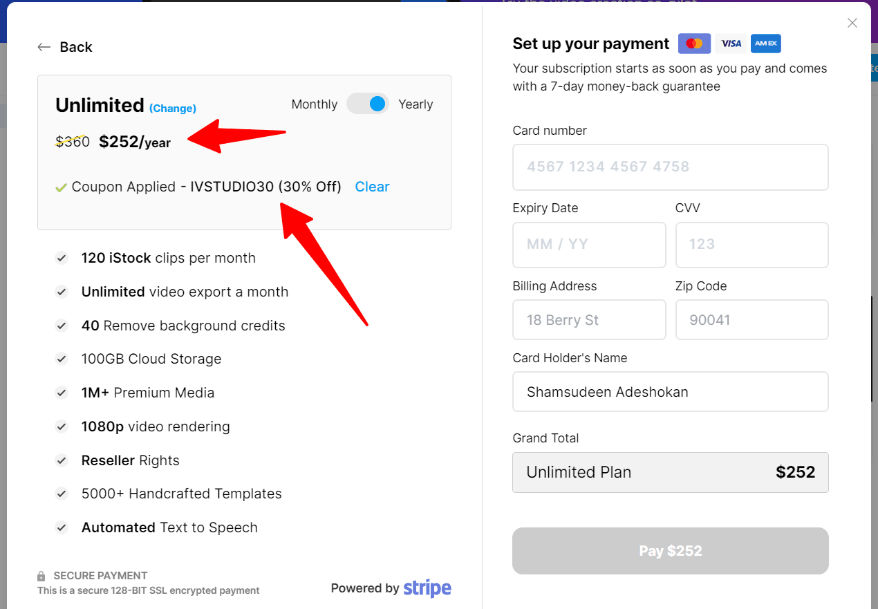 invideo ai unlimited plan discount coupon Invideo AI checkout page showing an Unlimited plan discounted from $360 to $252 per year with the coupon code IVSTUDIO30 applied for a 30% discount.