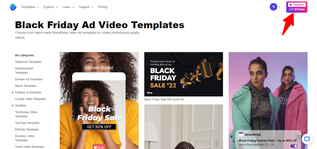 invideo black friday ad video templates Invideo dashboard showing Black Friday ad video templates with a variety of professional layouts and a promotional banner offering an upgrade for $15 per month.