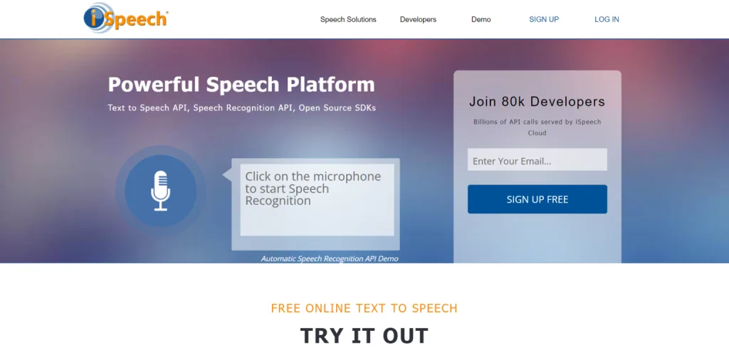 iSpeech speech platform page showing text-to-speech and speech recognition APIs with a live demo and sign-up form.