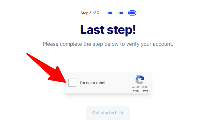 jasper account recaptcha verification Jasper AI verification screen with a reCAPTCHA checkbox and a red arrow pointing to the "I'm not a robot" selection.