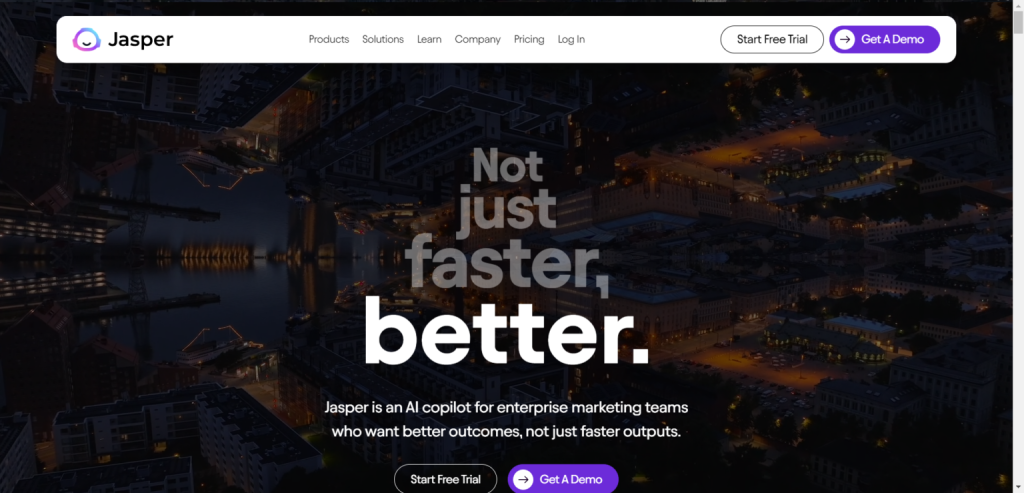 jasper ai marketing copilote nterprise teams - CyberNaira Jasper AI home page showing marketing copilot features for enterprise teams with campaign and brand voice tools.