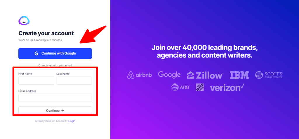 jasper ai signup form page Jasper AI account creation page with Google signup button and email registration form fields.