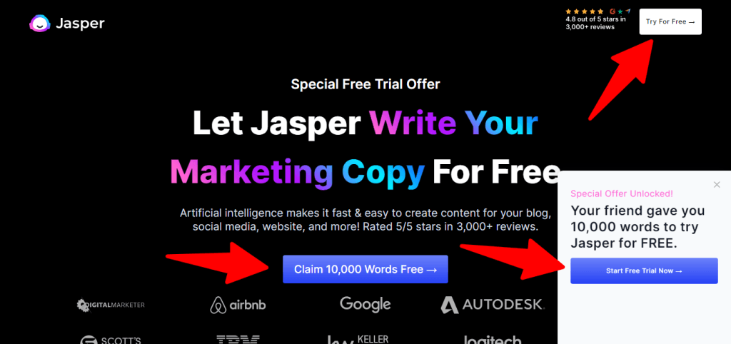 jasper ai try for free claim credits Jasper AI landing page featuring a special free trial offer to write marketing copy with a claim 10,000 words free button.